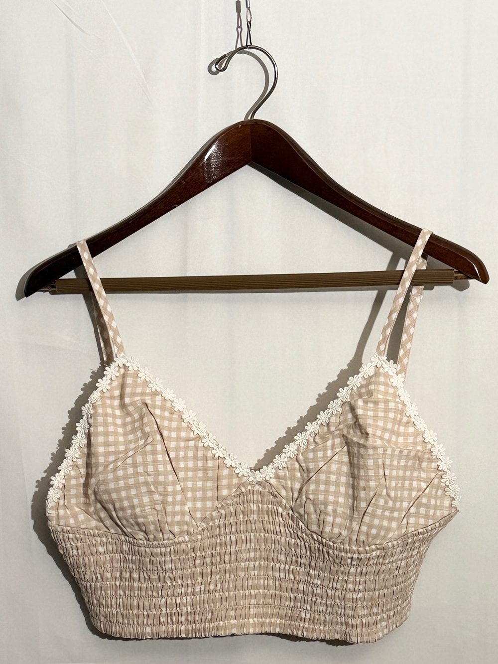 Leto Collection Mocha Gingham Smocked Bralette XL Daisy Lace